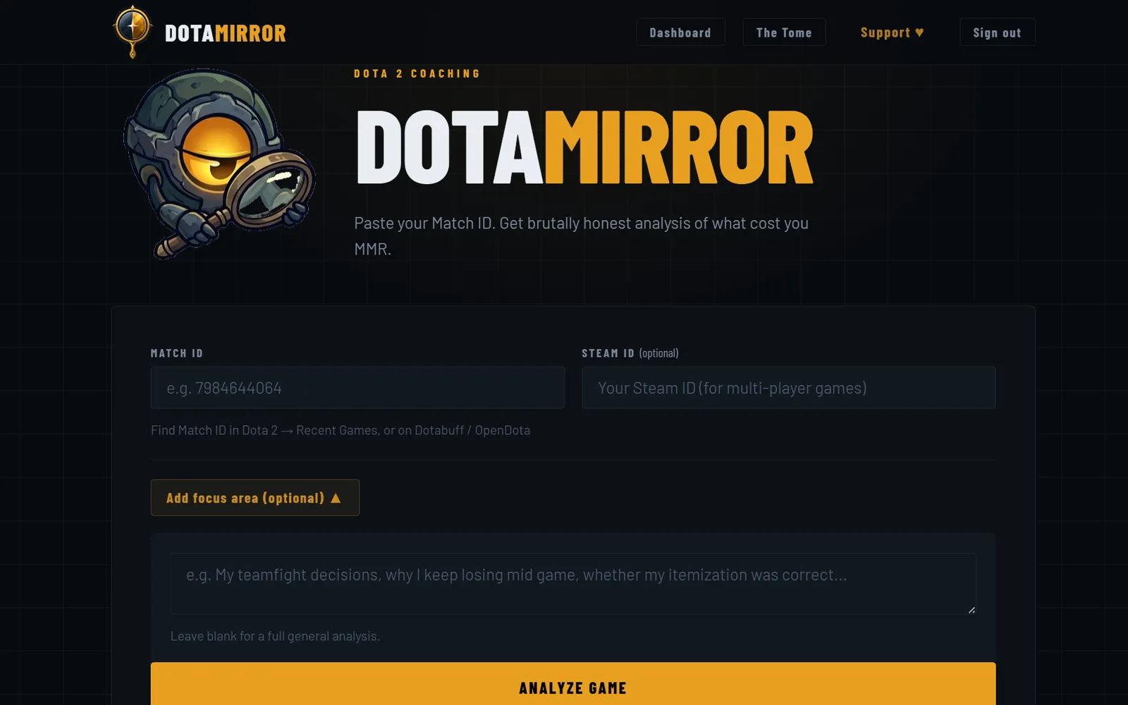 DotaMirror screenshot: entering a Match ID and the overall analysis score