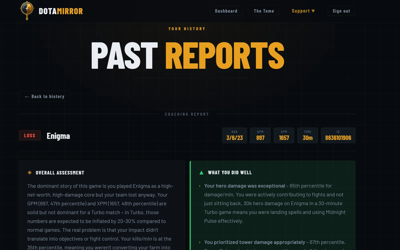 DotaMirror screenshot: a detailed breakdown of mistakes with recommendations