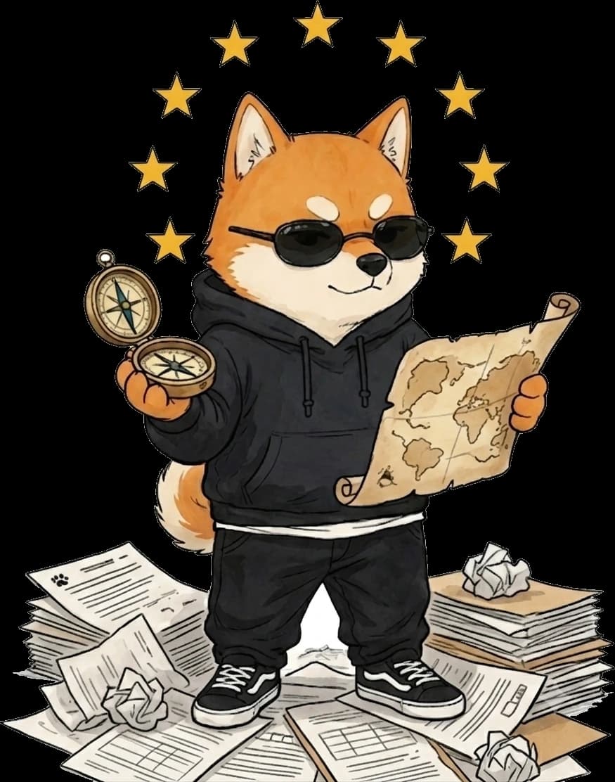 Maskot Marble Digital s kompasom a mapou v kruhu európskych hviezd, maskot produktu Grant Navigator