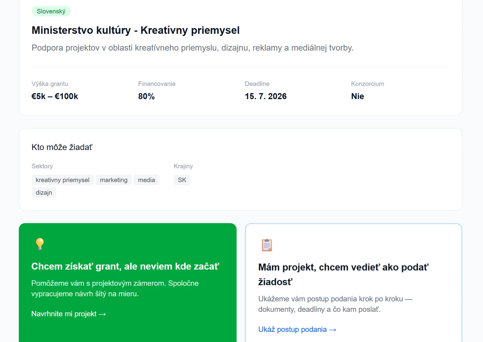 Snímka obrazovky Grant Navigator: detail výzvy s výškou grantu, deadlinom a oprávnenými sektormi