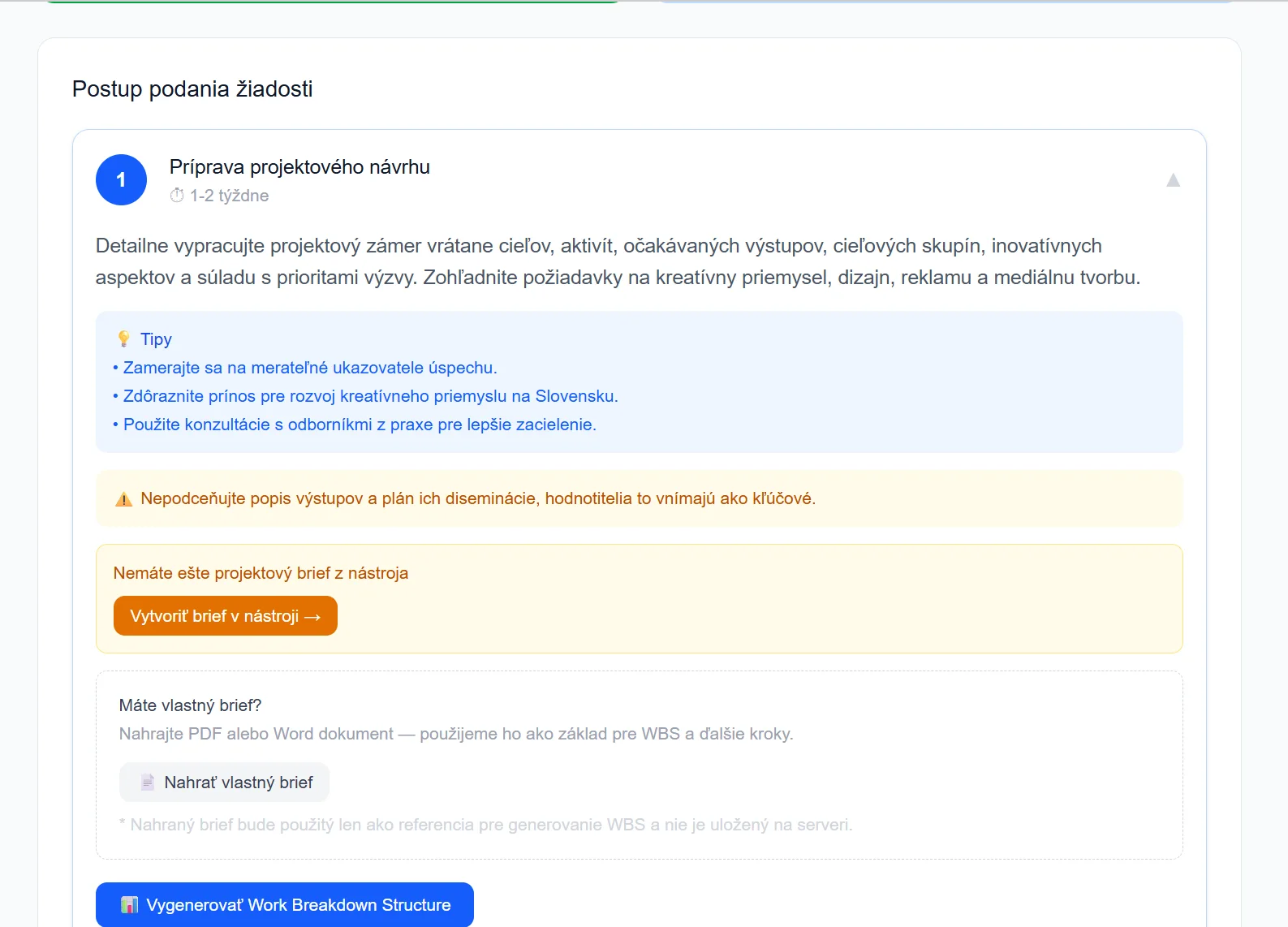 Snímka obrazovky Grant Navigator: sprievodca podaním žiadosti, prvý krok s tipmi a upozorneniami