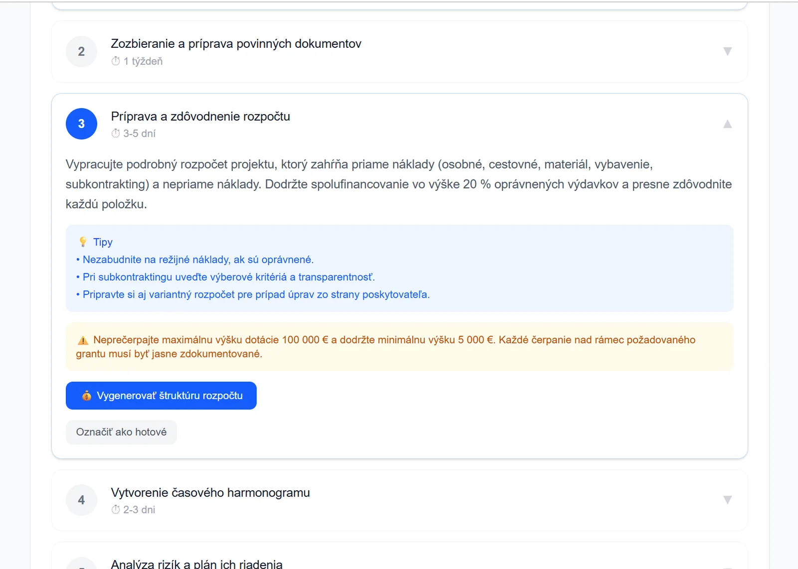 Snímka obrazovky Grant Navigator: príprava a zdôvodnenie rozpočtu projektu krok za krokom