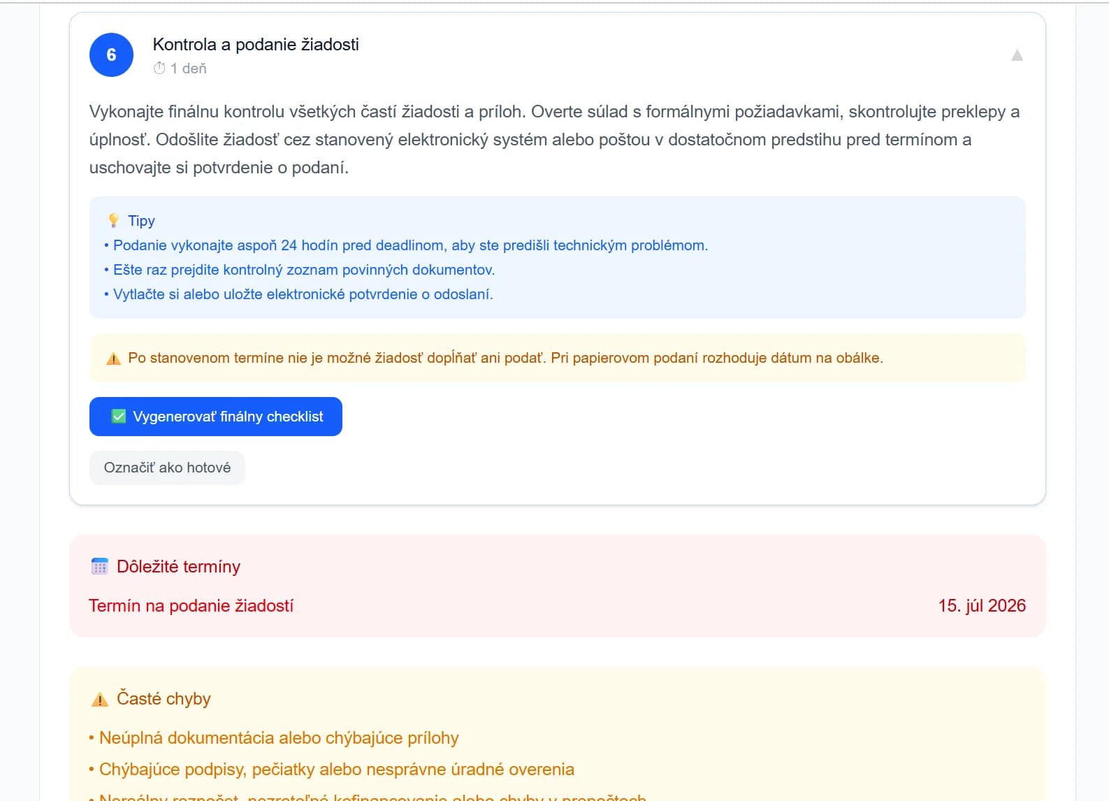 Snímka obrazovky Grant Navigator: finálna kontrola, podanie žiadosti a dôležité termíny
