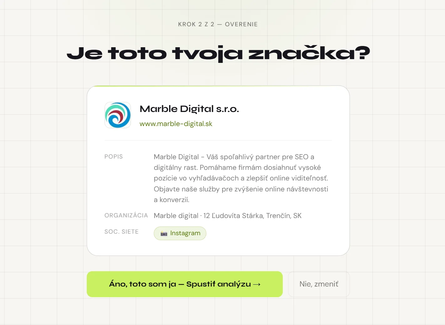 Onlinestopa screenshot: verifying a brand before the analysis starts