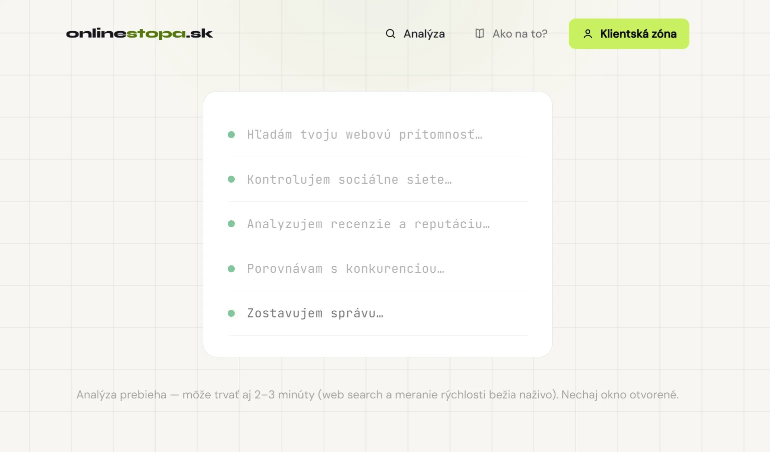 Onlinestopa screenshot: the brand analysis running step by step