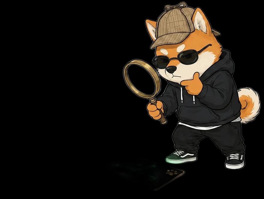 The Marble Digital mascot as a detective with a magnifying glass, the Surfaced product mascot
