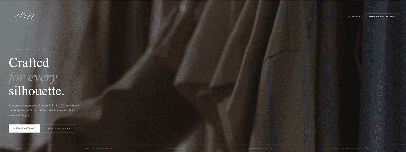 The andreamartiny.com website, a B2B wholesale landing page