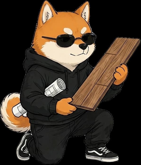 Maskot Marble Digital s drevenou doskou a výkresmi, maskot klienta DOMAT Interiéry